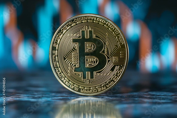 Fototapeta Bitcoin symbol, single shiny gold coin 
detail shot, macro, extreme closeup