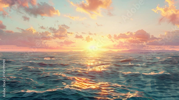 Fototapeta majestic horizon, expansive ocean meeting the sky, with distant mountains barely visible, and a warm, golden sunset casting vibrant colors across the scene