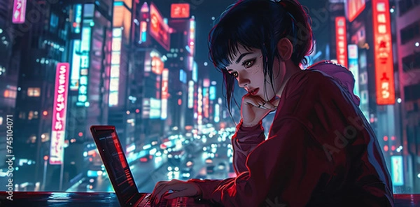 Obraz hacker girl in cyberpunk world, anime style