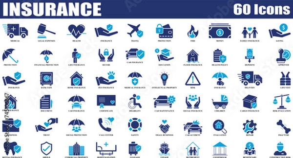 Fototapeta Insurance and Assurance colorful icon set. Editable Set of 60 Insurance and Assurance web icons in fill style. High quality business icon set of Insurance