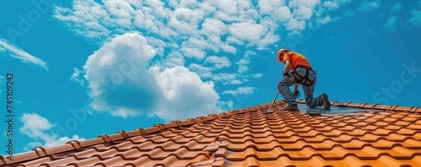 Obraz Roofing tiles installation in process.