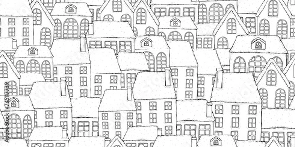 Obraz Seamless Pattern for coloring book with artistically houses. Street background. Pattern for coloring book. Zentangle. Black and white pattern in vector.