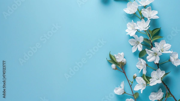 Fototapeta White flowers on blue background with blank space.