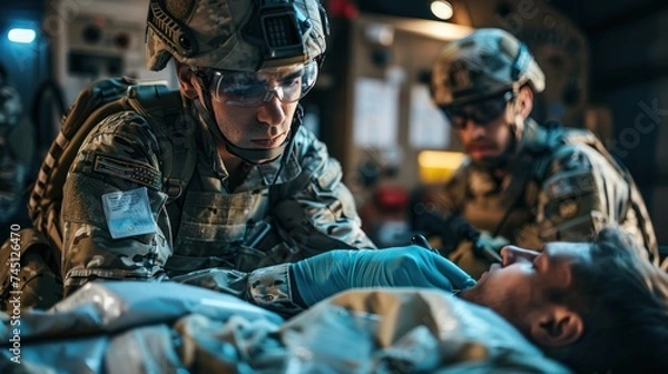 Obraz A group of military men in uniform are in a hospital, possibly receiving medical treatment or visiting injured comrades.