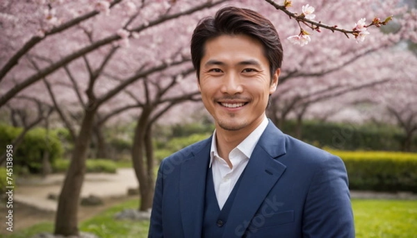 Fototapeta A cheerful Japanese man dressed in a bright blue suit stands against a magnificent background of cherry blossoms. With a confident smile, he enjoys the blissful atmosphere of the flowering trees.