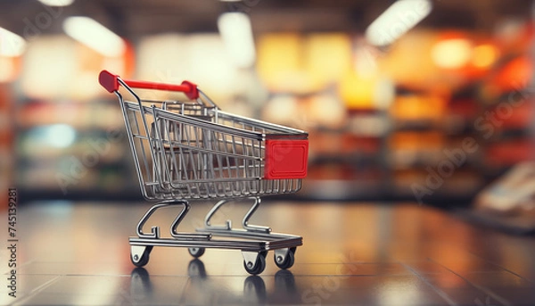 Fototapeta shopping in the store. metal cart on a blurred background of the store.