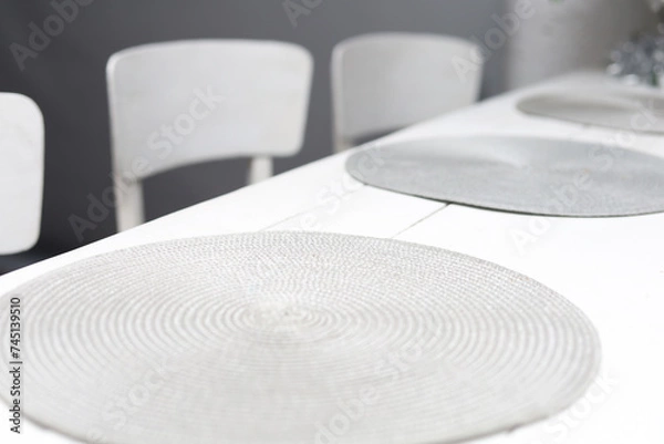 Obraz Home interior. Kitchen space. White table and chairs.