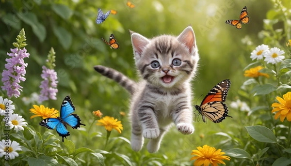 Fototapeta A playful striped kitten with striking blue eyes jumps joyfully, reaching for a delicate butterfly in the middle of a bright and colorful garden.