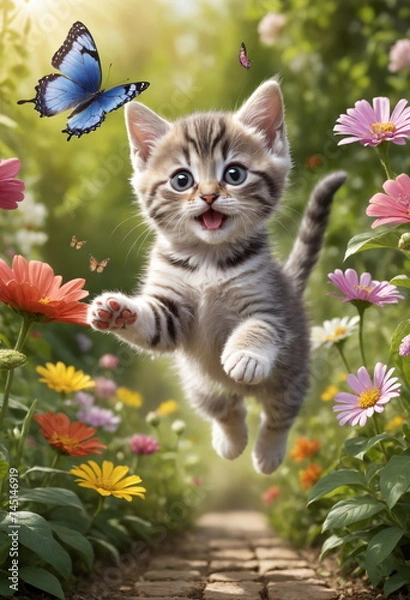 Fototapeta A playful striped kitten with striking blue eyes jumps joyfully, reaching for a delicate butterfly in the middle of a bright and colorful garden.