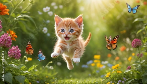 Fototapeta A playful striped red kitten with striking blue eyes jumps joyfully, reaching for a delicate butterfly in the middle of a bright and colorful garden.