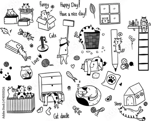 Obraz Cute funny cats, seamless pattern in element of doodle and vector illustration character design on white background style.