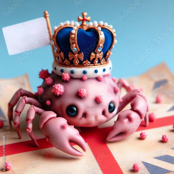 Fototapeta cute crayfish Cancer king in a royal crown, on the background of the British English flag, multiplane, with a white flag for the text