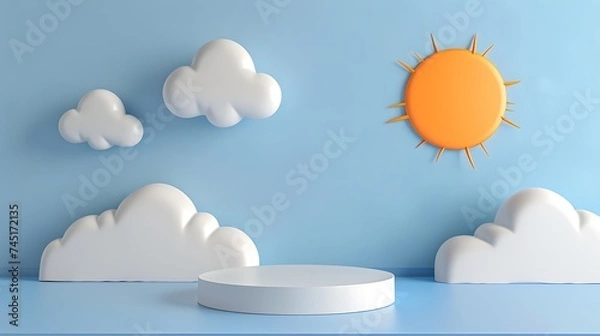 Fototapeta 3d rendered cute sun, white clouds, and product display podium. Generative Ai