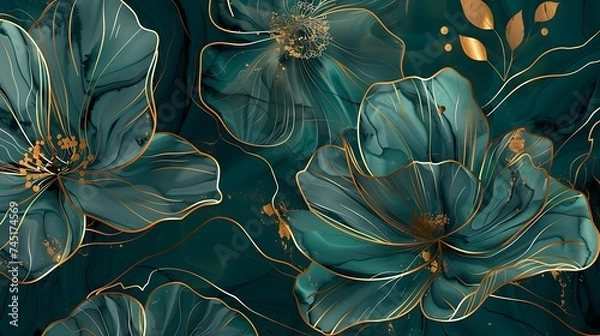 Fototapeta Abstract art background vector. Luxury minimal style wallpaper with golden line art flower and botanical leaves, Organic shapes, Watercolor. background for banner, poster, packaging. Generative Ai