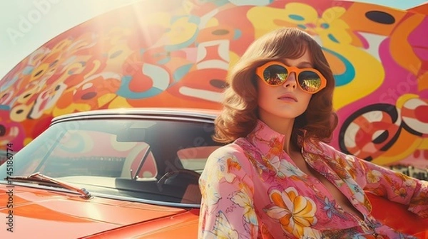 Fototapeta Stylish woman in retro fashion posing in front of a vintage car with colorful psychedelic background.