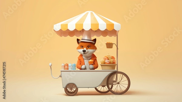 Fototapeta Red fox wearing red coat on cart. Generative AI