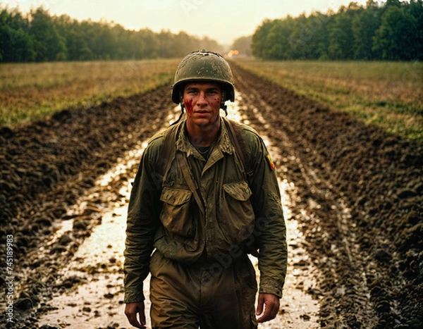 Fototapeta photo of intense soldier man in army outfit and helmet in serious dangerous war walking on field, generative AI
