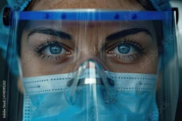 Obraz A woman, donning a protective mask and goggles, embodies the courage and resilience of frontline healers on duty