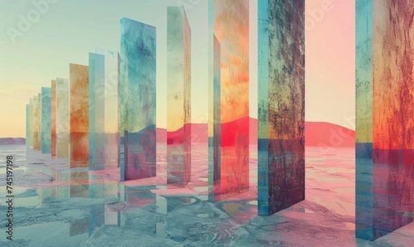 Fototapeta Digital Generated Multicolored Rectangular Portal Gateway with a Gradient Background Representing a Metaverse Concept