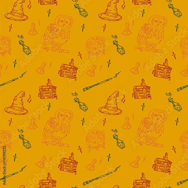 Fototapeta Magic items seamless pattern in hand draw style. School of witchcraft. Owl, fortune ball, hat, wand, book, poison.