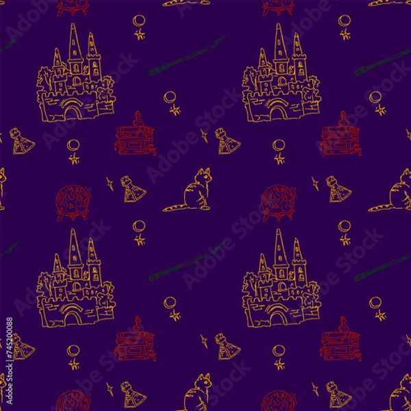 Fototapeta Magic items seamless pattern in hand draw style on violet background. School of witchcraft. Castle, cat, books, poison, moon.
