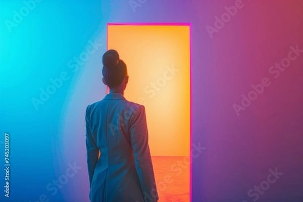 Fototapeta Woman Gazing into a Luminous Portal on a Gradient Background - A Metaverse Gateway Concept