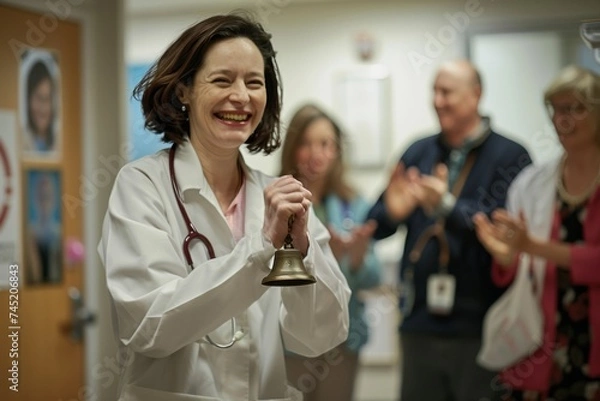 Fototapeta Joyful Woman in Chemotherapy Treatment Celebrating with Ceremonial Bell Ring Alongside Nurse and Supporters