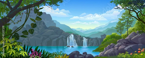 Fototapeta Ground level view of a beautiful waterfall flowing from the rocky cliffs and a landscape of hills and mountains