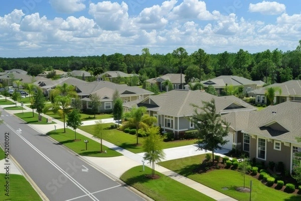 Fototapeta Aerial View of New Suburban Homes in a Retirement Community in Ocala, Florida