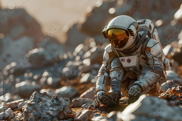 Obraz Astronaut in a Space Suit Walking on a Mars-Like Desert Landscape