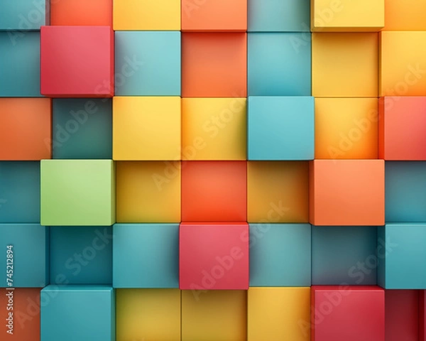Fototapeta Abstract multicolored square wall, modern wall design. 3D rendering. Use for backdrop, background, wallpaper.