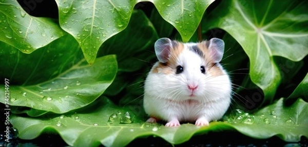 Fototapeta a brown and white hamster sitting on top of a lush green leafy plant covered in drops of water.