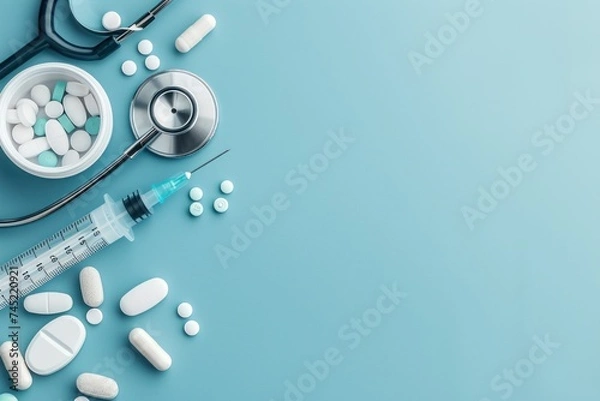 Obraz Healthcare and medical concept displaying a stethoscope, syringe, and assorted pills on a soft blue background, symbolizing medical care.
