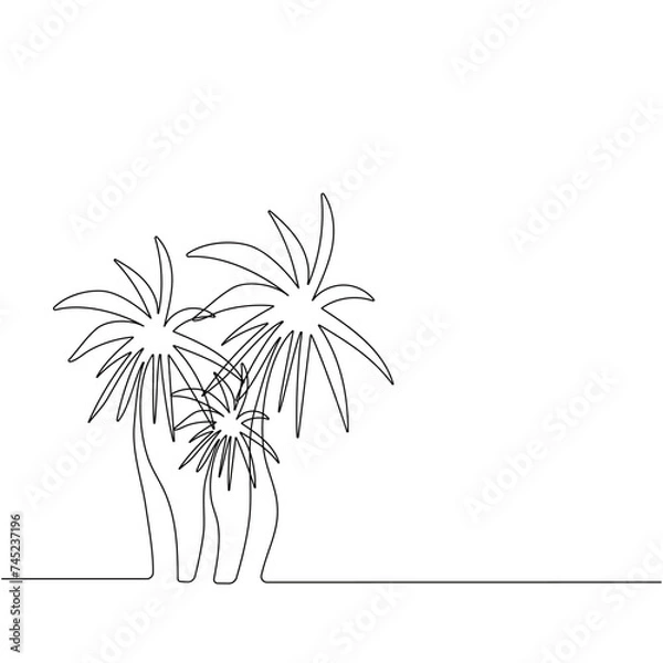 Obraz Palm trees, palm landscape. Hand drawing one solid line. Vector.
