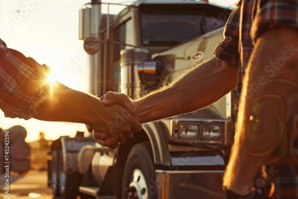Obraz Friendly Handshake Between Two Truck Drivers with Open Semi-Truck Cab Door in the Background