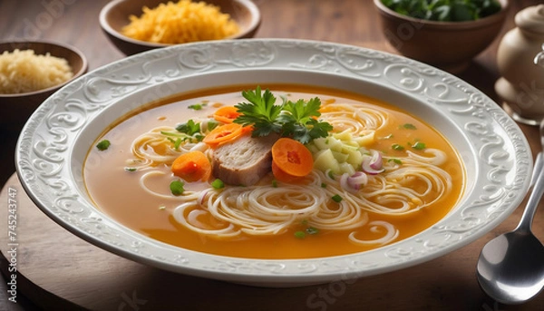 Fototapeta A stunning image showcasing a bowl of soup as a wonderful masterpiece of culinary artistry and the high resolution photograph captures every detail of the dish's exquisite presentation
