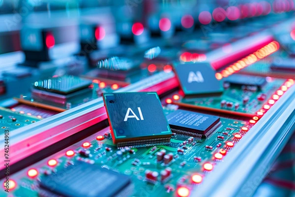 Fototapeta Close-up of innovation in action: microchips bearing the mark "AI" advance along the conveyor belt, each one a beacon of technological prowess.