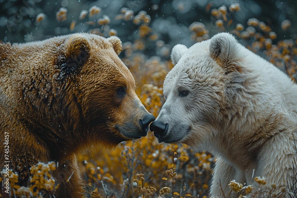 Fototapeta Two bears with contrasting fur colors touching noses amidst a field of yellow flowers.