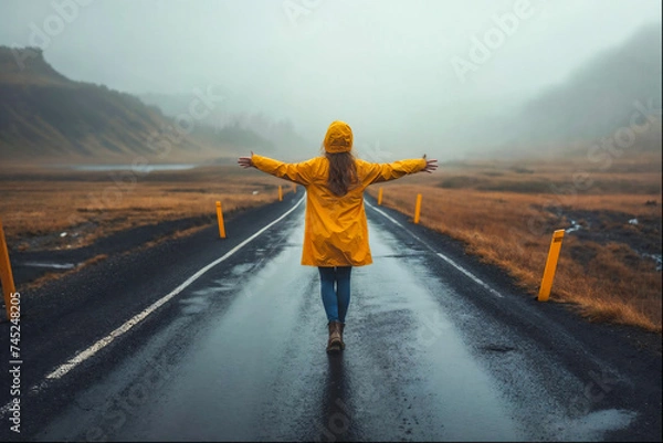 Fototapeta a woman is balancing on a_road in the middle of the street