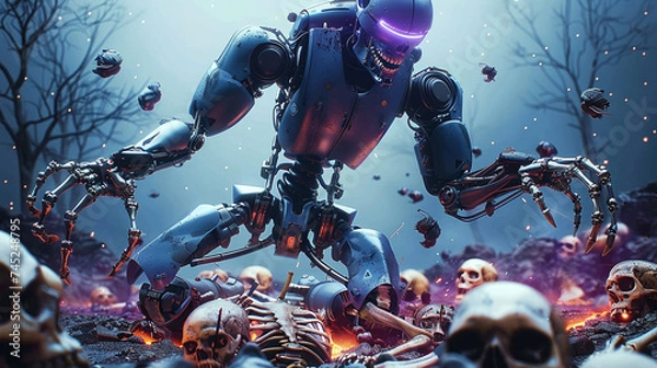 Fototapeta Futuristic robot warrior in a dystopian battlefield surrounded by skulls and debris under a gloomy sky.