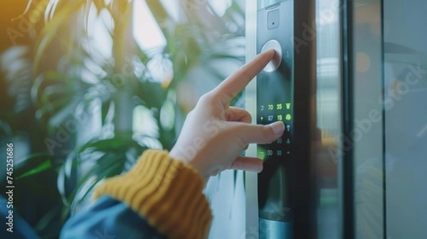 Fototapeta closeup of woman's finger on touch screen keypad entry door lock, enhancing room safety and security with smart digital access control technology