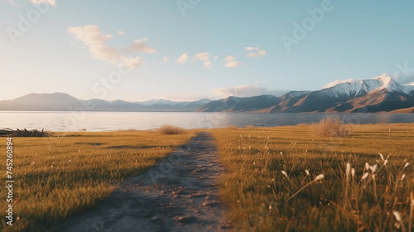 Fototapeta grassy pavement foreground big lake midground, snowy mountain background product display montage