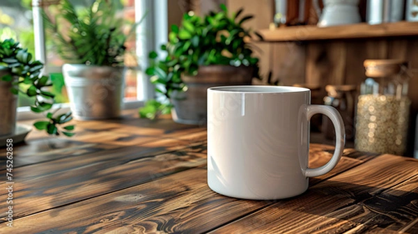 Fototapeta white cup of coffee on wooden table, mock up for branding