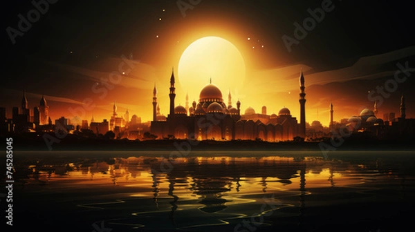 Fototapeta generated illustration of mosque with moon in the sky. ramadan kareem concept.