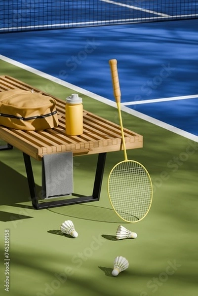Obraz Badminton sports equipment on outdoor court. A racket and shuttlecocks are near a bench under the shade of trees. 3D illustration, rendered in vertical orientation.