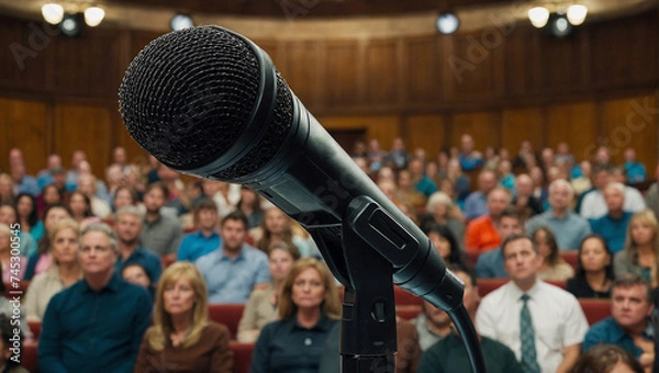 Fototapeta Microphones in front of an audience. Political rally concept. Social issues and freedom of speech idea. Copy space.