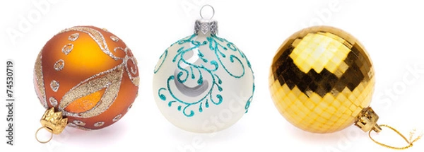 Obraz orange, white, yellow christmas balls on white background