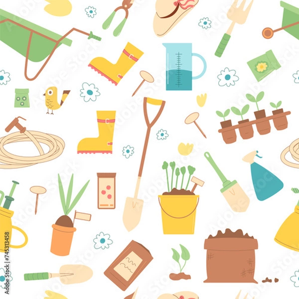 Fototapeta Gardening tools seamless pattern. Spring horticulture endless background. planting and work in backyard cover. Vector flat illustration