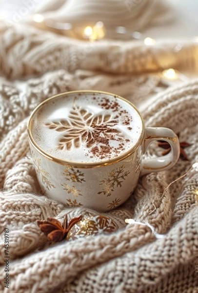 Fototapeta cup of hot cocoa on a wool sweater set against snowflakes