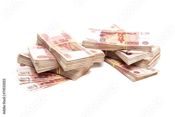 Fototapeta Пачки российских денег на белом фоне